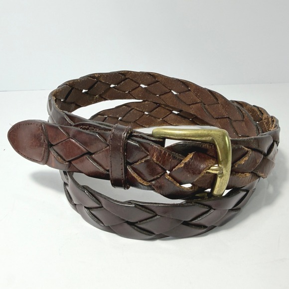Other - Mens Full Grain Braided Leather Belt Dark Brown Solid Brass Buckle Size 38 5000